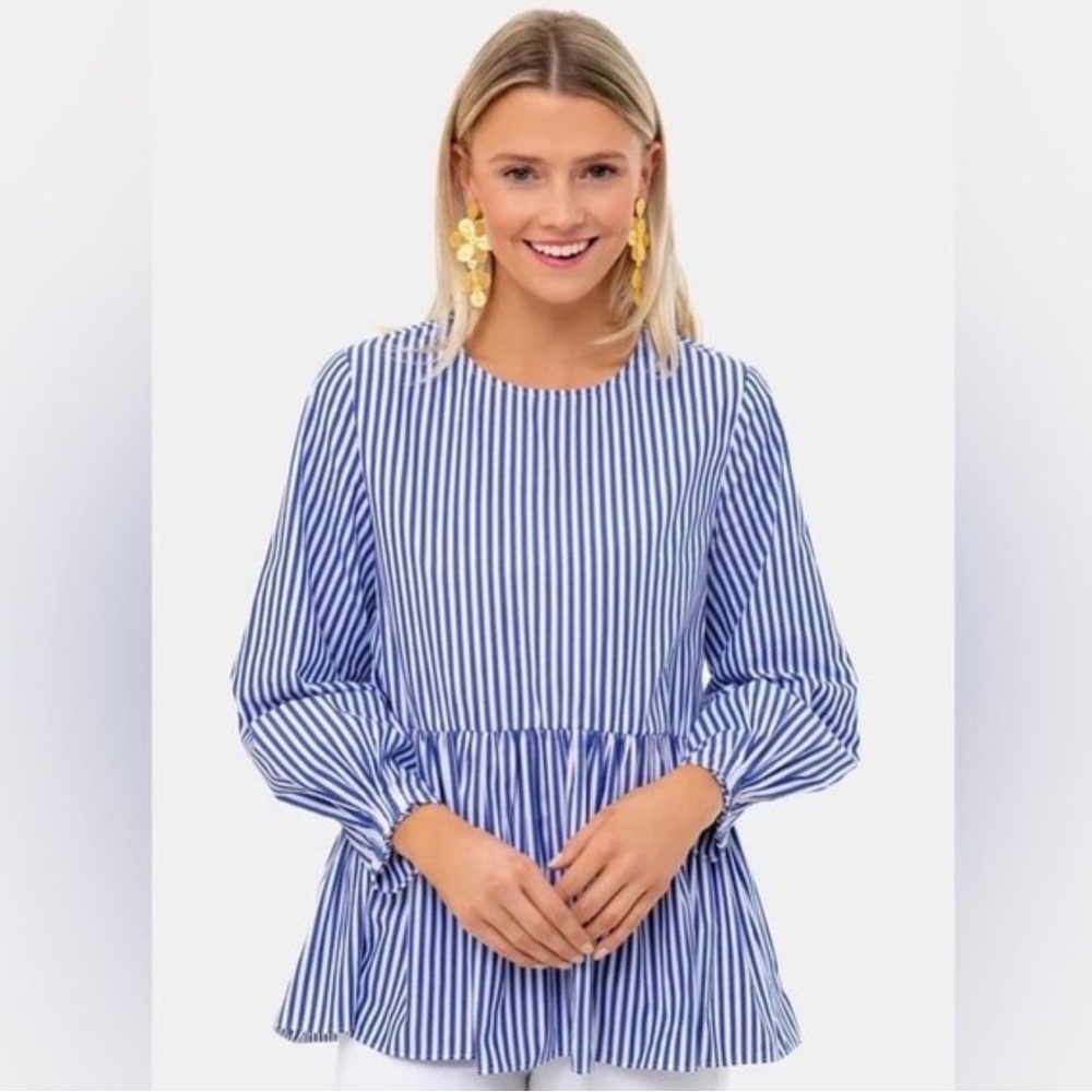 Pomander Place from Tuckernuck Blue Striped Blouse Ruffle Peplum Top Shirt XS